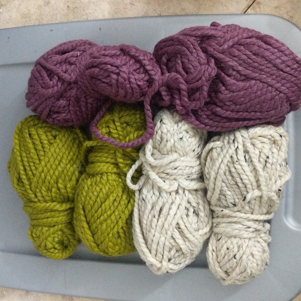 #.NWOT Lot of 6 skeins 100% Wool Yarn. Green, Cream Black, Purple